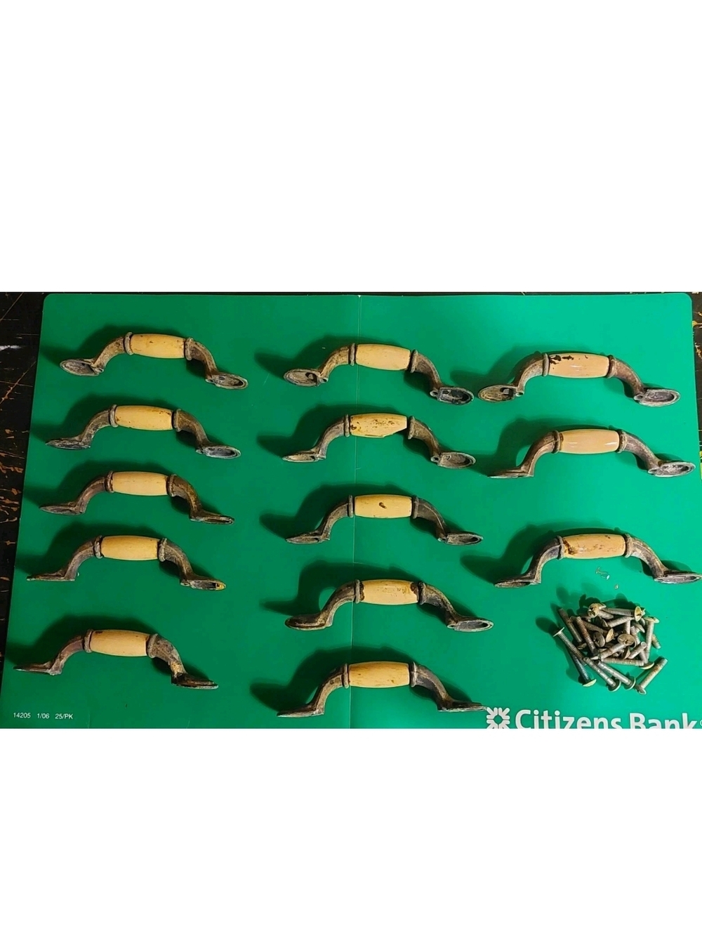 Set of 13 Yellow Porcelain and Brass Kitchen  Drawer Pull Handles 3 Inch Holes